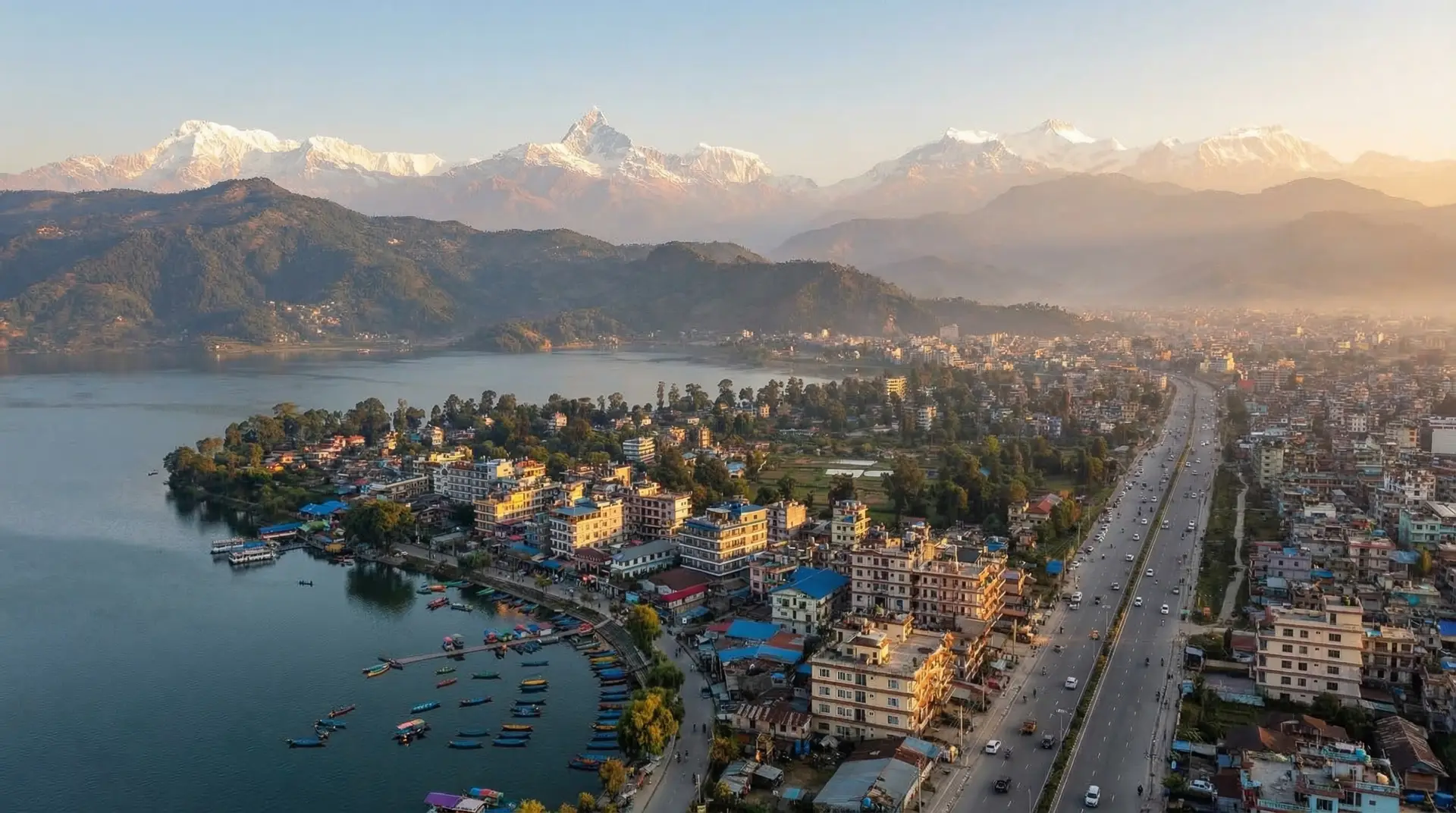 Pokhara lakeside and mountains